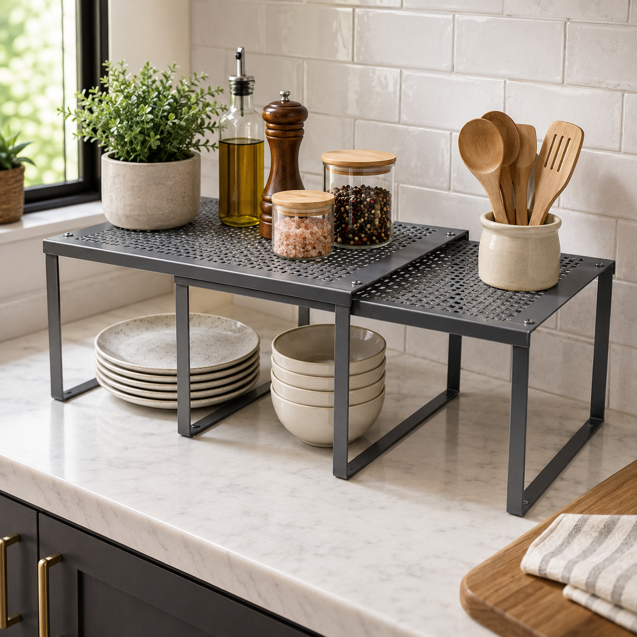 2-Pack Expandable Kitchen Shelf Organizers – Silver